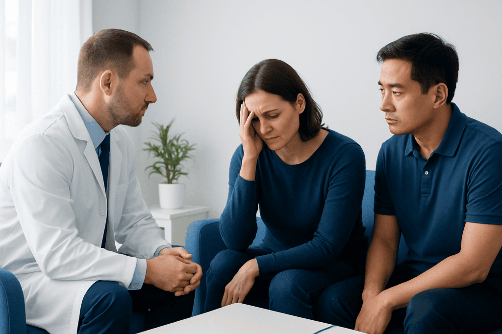 Doctor consulting with a woman and a man about mental health issues.