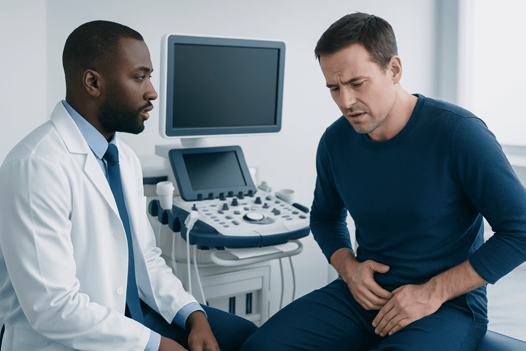 Doctor consulting with male patient about urinary symptoms in clinic.
