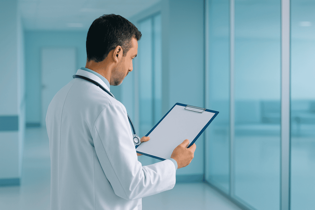 Doctor reviewing patient information on a clipboard in a hospital corridor.