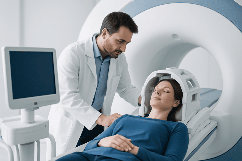 Medical professional preparing patient for MRI scan at Acibadem Hospital.