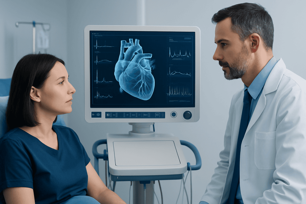 Doctor explaining heart health to a patient in a medical consultation room.