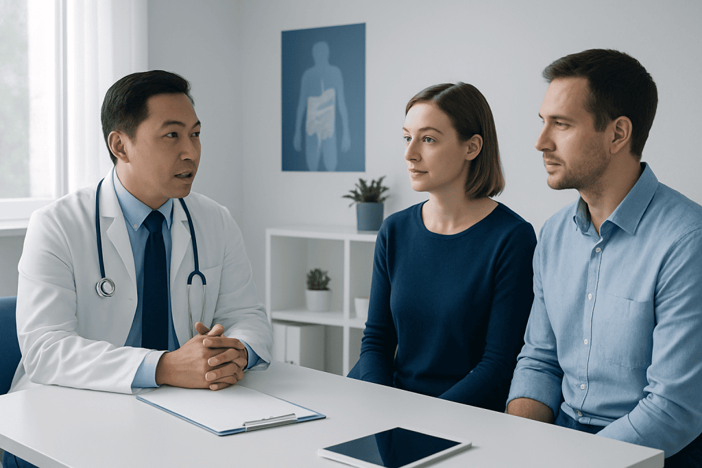 Gastroenterologist consulting with a patient and companion in a medical office.