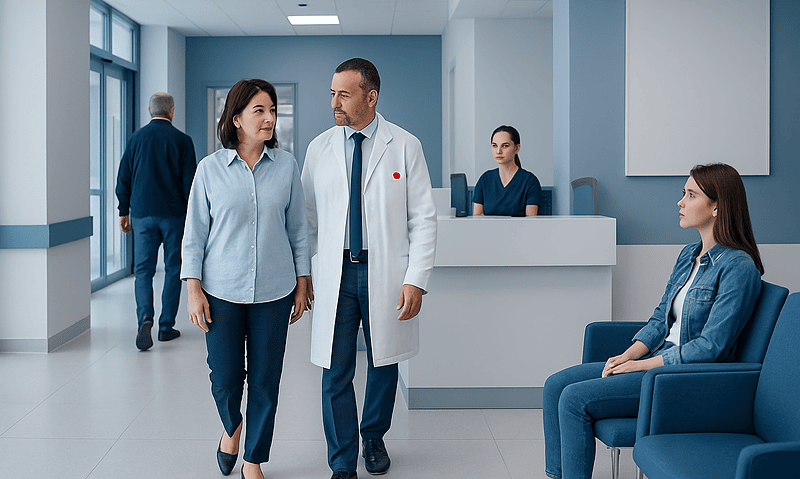 Hospital reception area with patients and staff during check-in process.