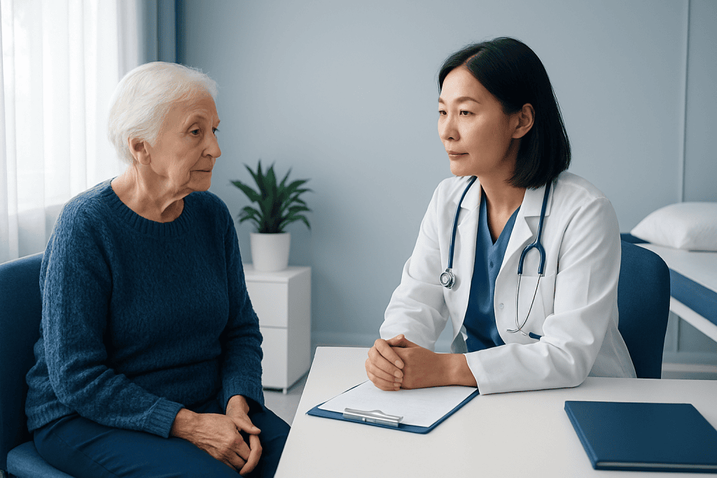 Doctor consulting with elderly woman in a medical office setting.