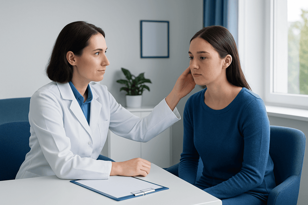 Dermatologist examining a woman's face in a consultation room.