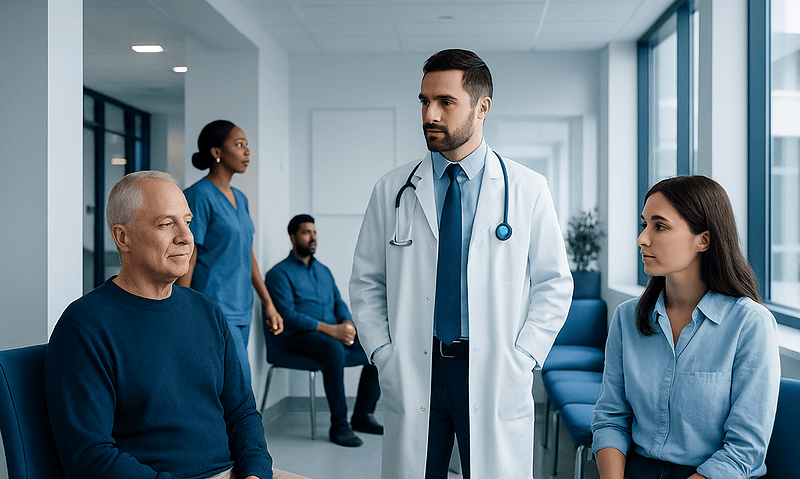 Doctor consulting with elderly patient in hospital waiting area.