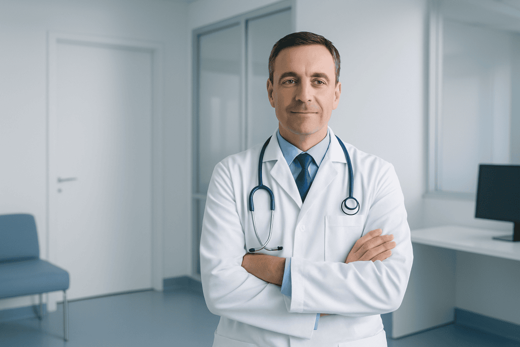 Doctor in white coat with stethoscope in modern medical office.