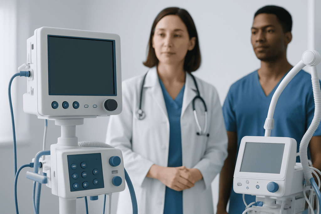 Medical professionals with ventilator equipment in a hospital setting.