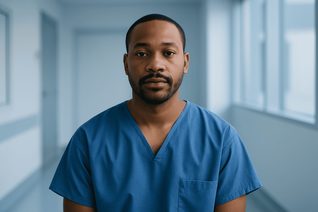 Male healthcare professional in blue scrubs in hospital corridor.