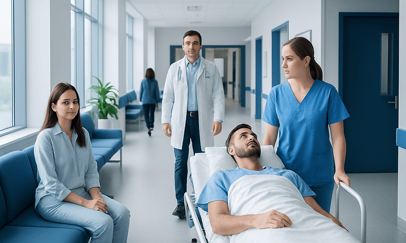 Hospital corridor with patient and medical staff preparing for sedation.