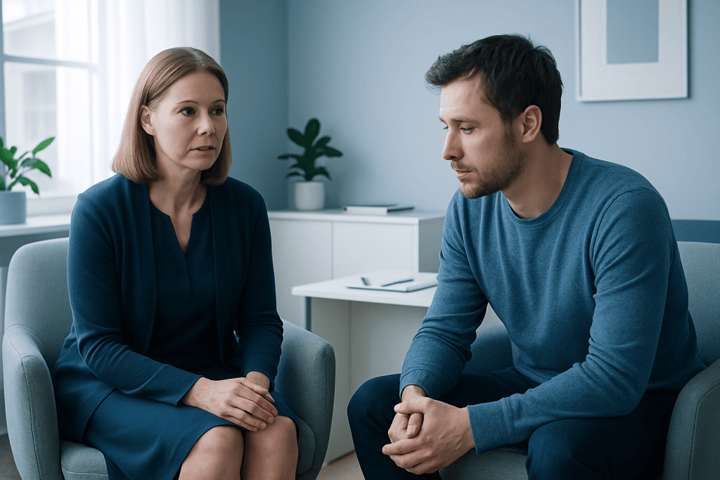 Therapist and patient in a counseling session at Acibadem Hospitals Group.