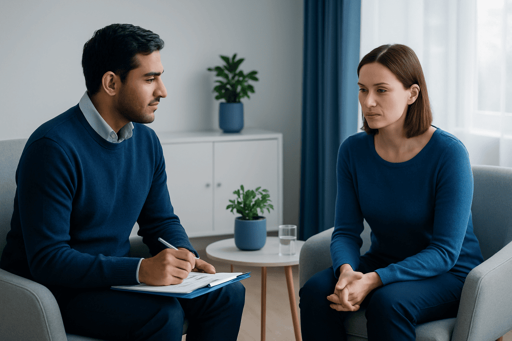 Therapist and patient in a counseling session at Acibadem Hospitals Group.