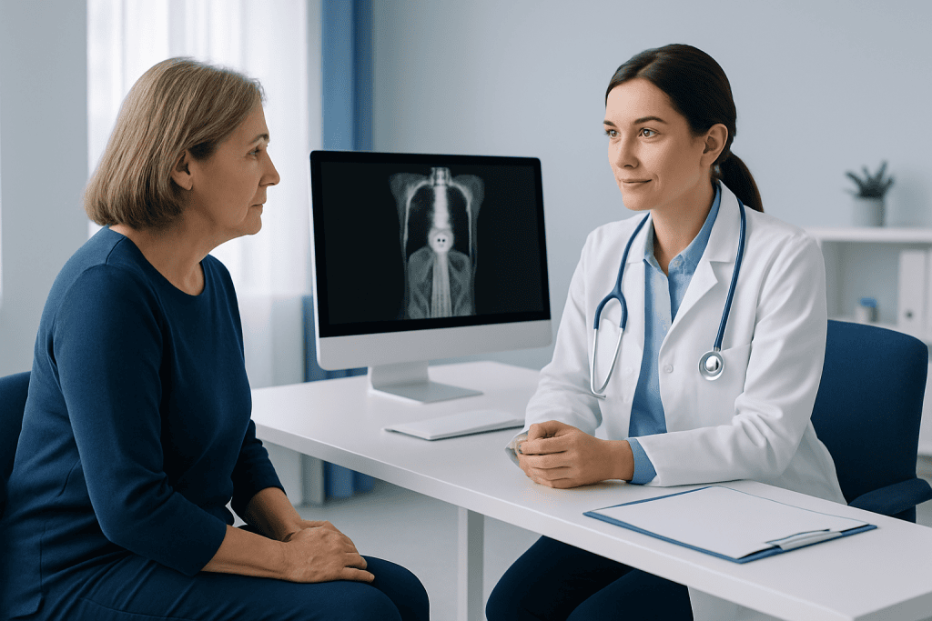 Doctor explaining PET-MRI scan results to a patient in a medical office.