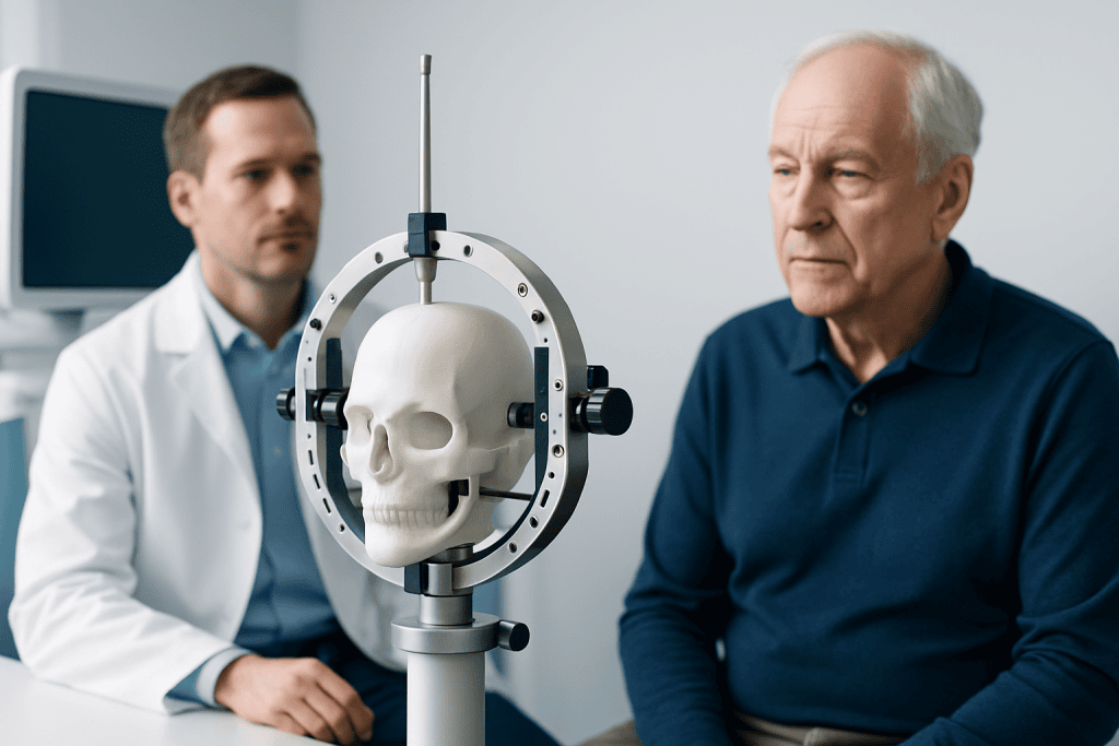 Doctor and patient examining skull model during neuromodulation consultation.