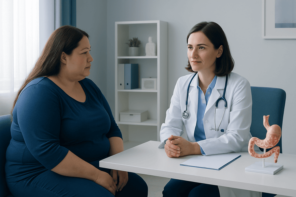 Doctor consulting with a patient about weight loss options in a medical office.