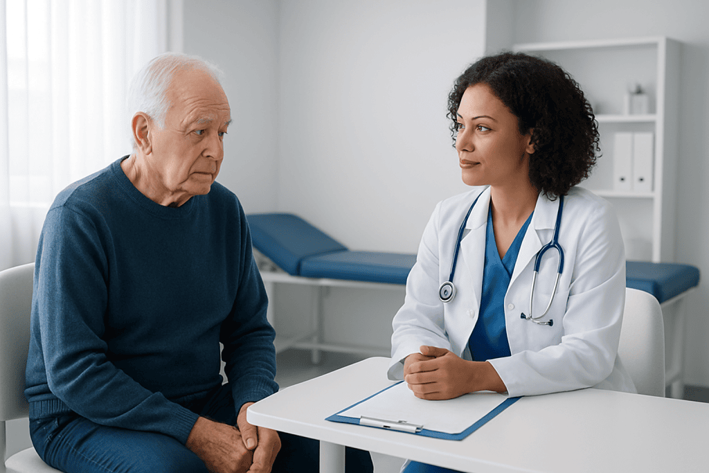 Doctor consulting with elderly patient in a medical office setting.