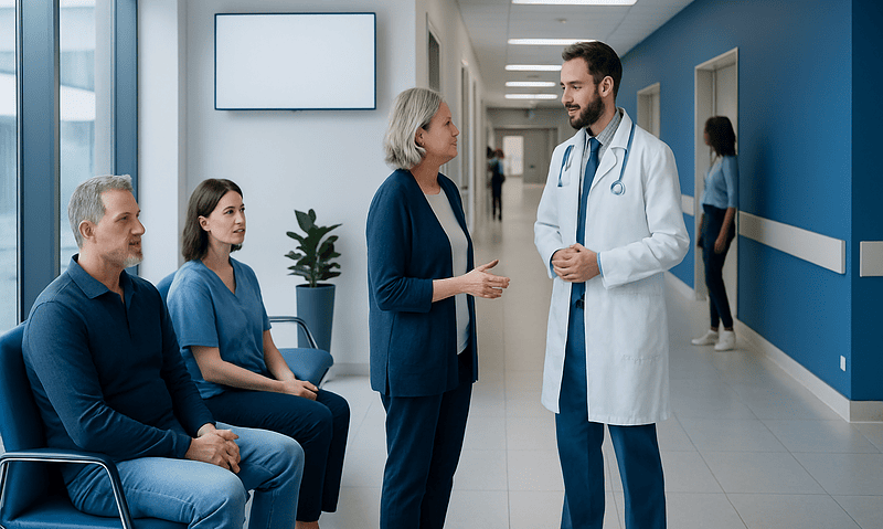 Doctor consulting with patients in hospital corridor at Acibadem Hospitals.