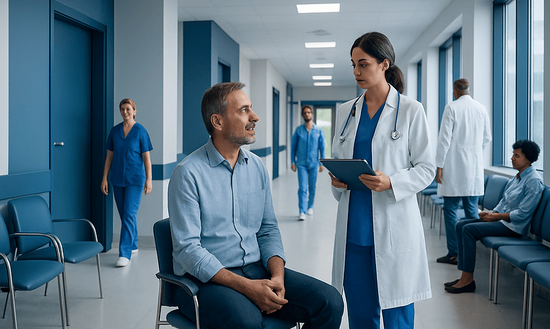 Patient consulting with a doctor in a hospital corridor at Acibadem Hospitals Group.