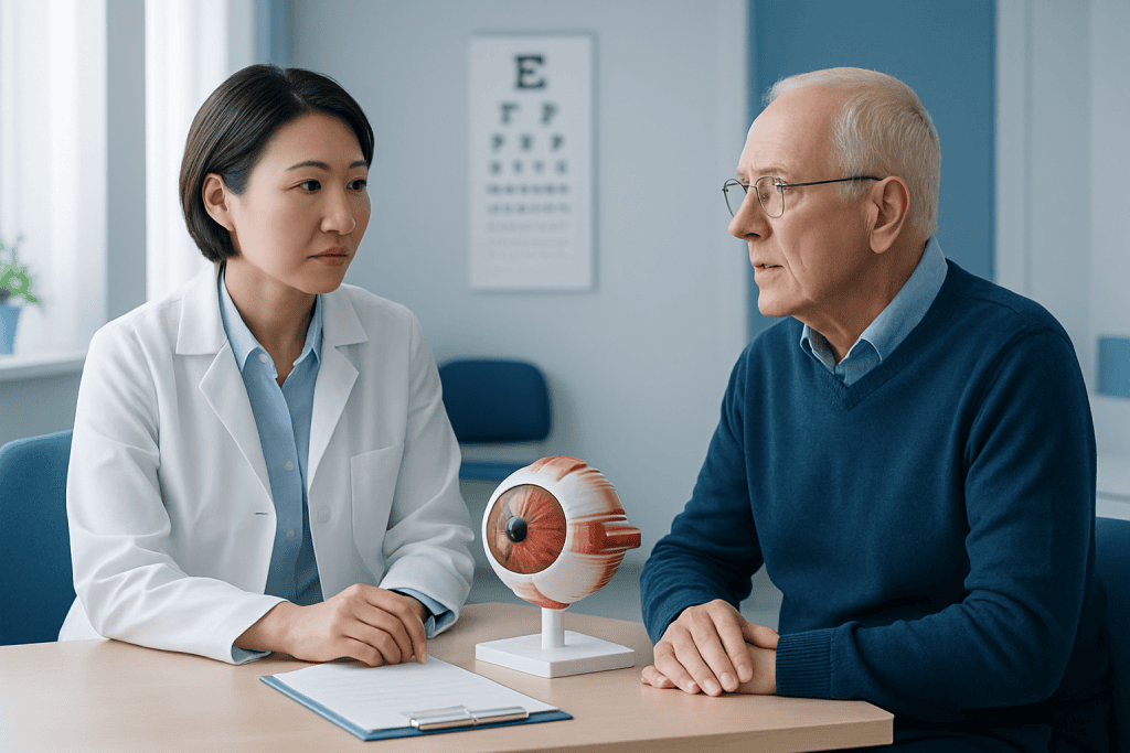 Ophthalmologist explains eye anatomy to senior patient in clinic.