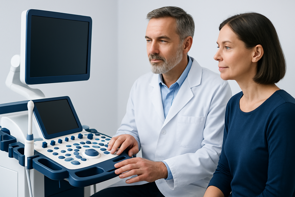 Doctor and patient during a medical ultrasound consultation at Acibadem Hospitals.