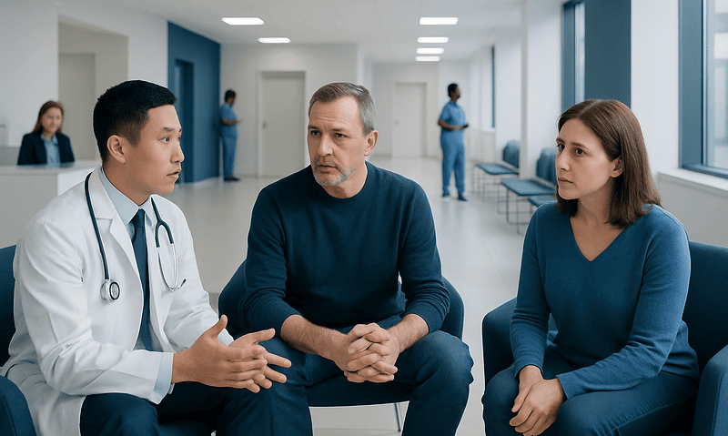 Doctor consulting with patients in a hospital corridor.