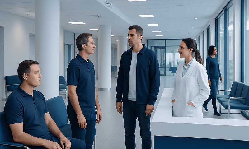 Hospital staff and patients in a modern medical facility.