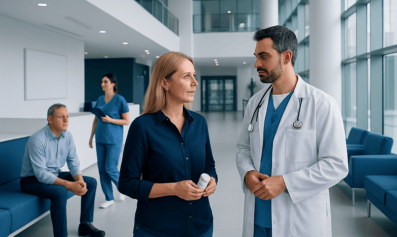 Doctor talking to a female patient in a modern hospital lobby.