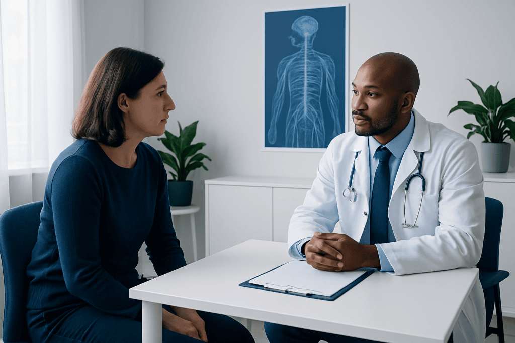 Doctor consulting with patient in a medical office with nervous system diagram.