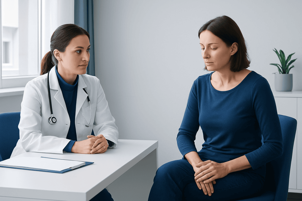 Doctor consulting patient about neurological symptoms in a clinic setting.