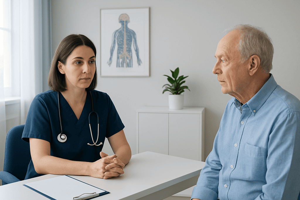 Doctor consulting with an elderly patient in a medical office.