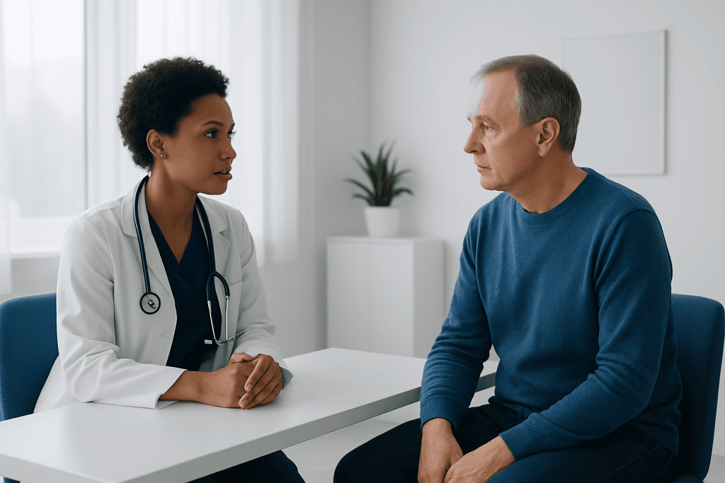 Doctor consulting with a male patient in a medical office.