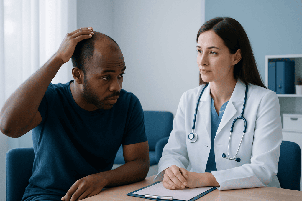 Doctor consulting with a male patient about hair thinning treatment options.