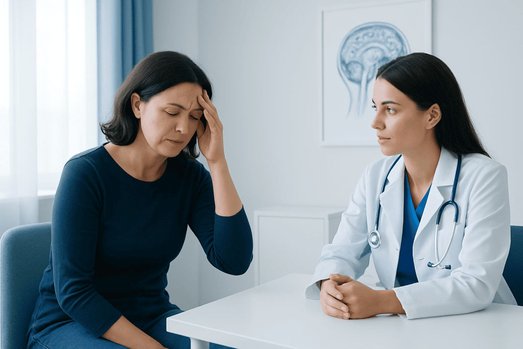 Doctor consulting with a woman experiencing headache symptoms.