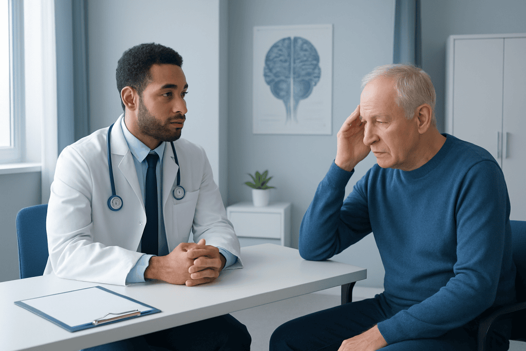 Doctor consulting with elderly patient about neurological health in clinic.