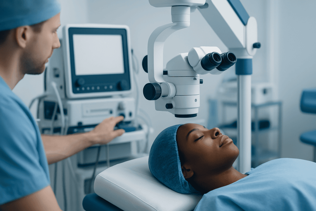 Surgeon performing a nose examination with advanced medical equipment.