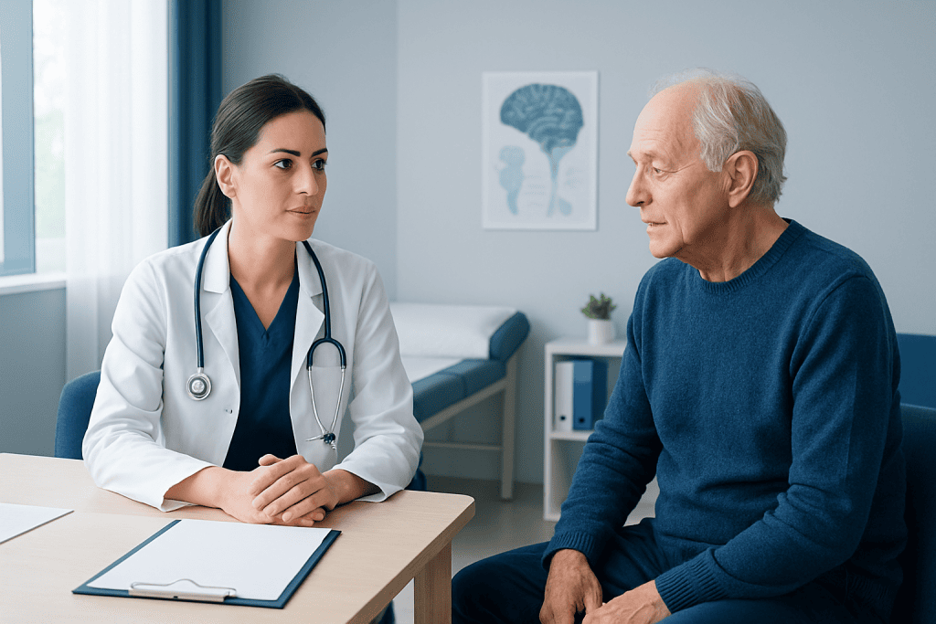 Doctor consulting an elderly patient in a modern hospital room.