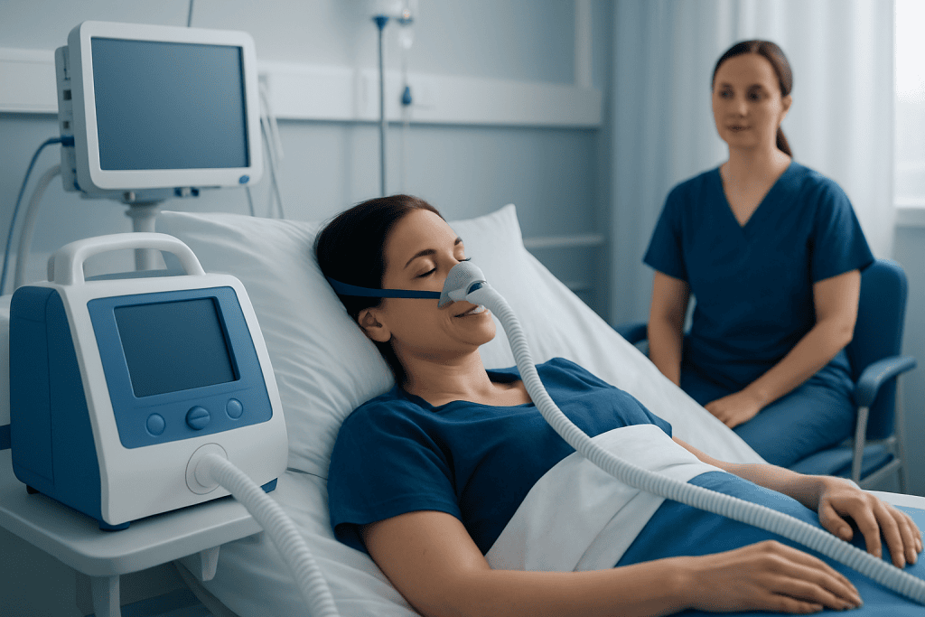 Patient using CPAP machine for sleep therapy in hospital bed.