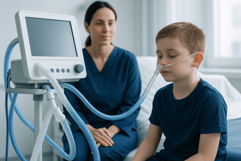 Child receiving respiratory support in a hospital setting with medical staff present.