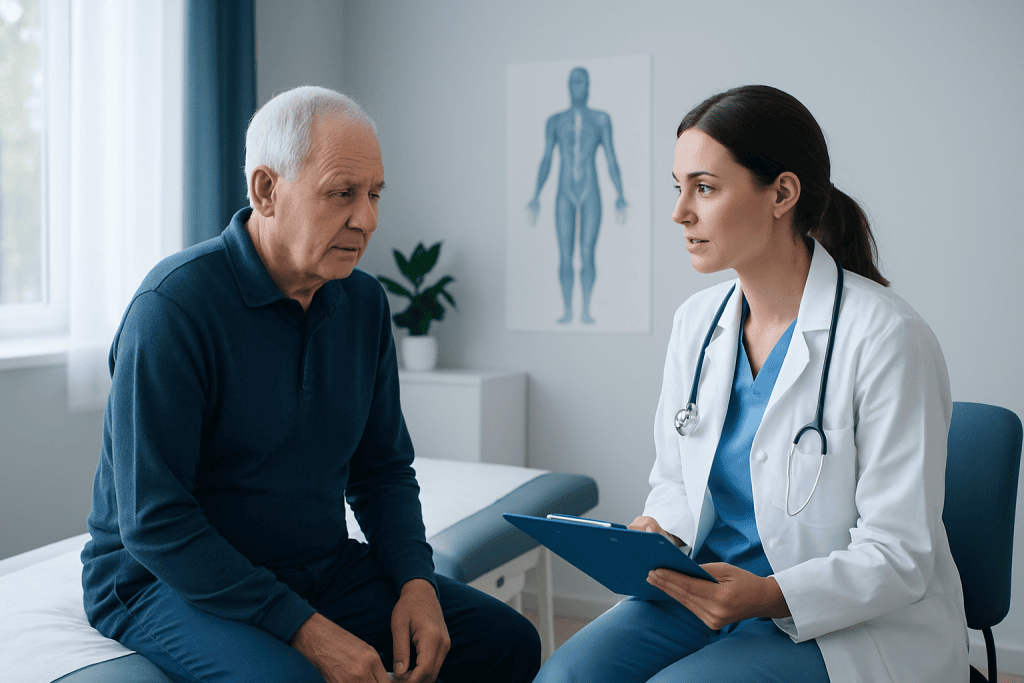 Doctor consulting with an elderly male patient in a medical office.