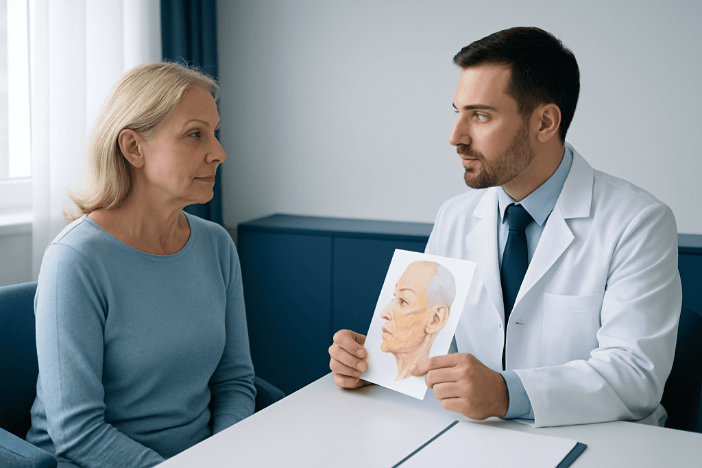 Doctor explaining facial aging to an elderly woman in consultation.