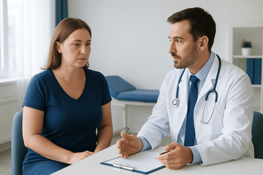 Doctor consulting with a female patient in a medical office setting.