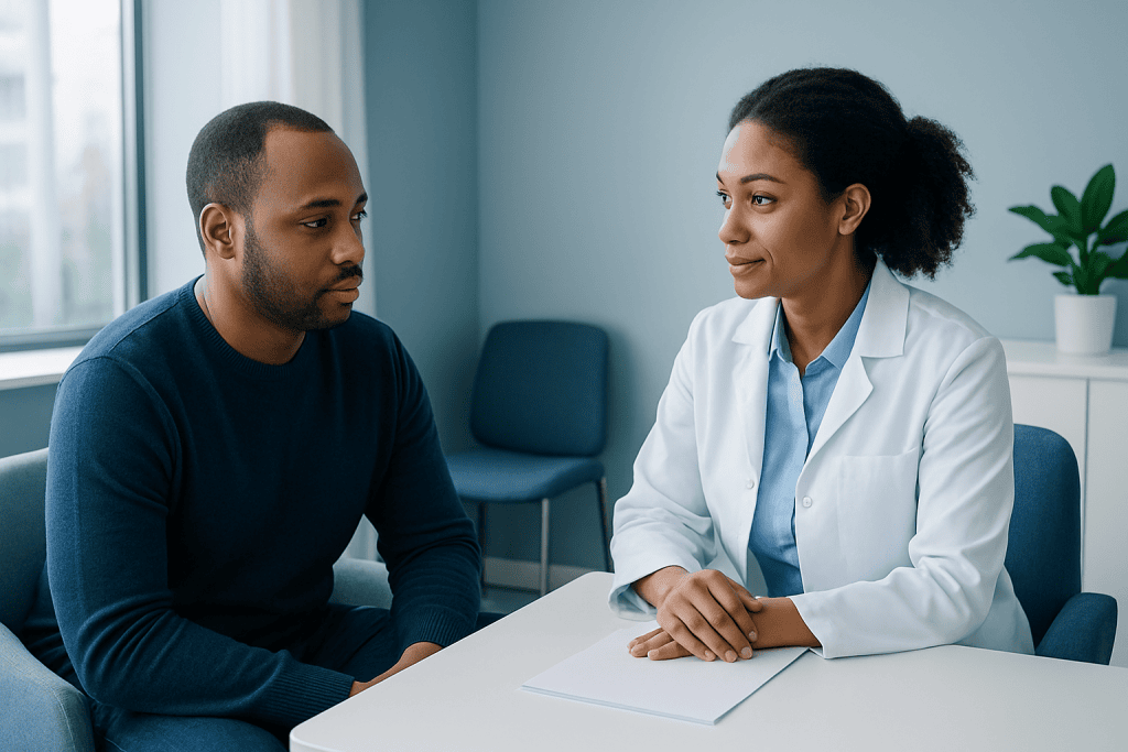 Consultation with a specialist about hair replacement options for men.