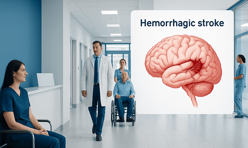 Medical team discussing hemorrhagic stroke in hospital corridor.