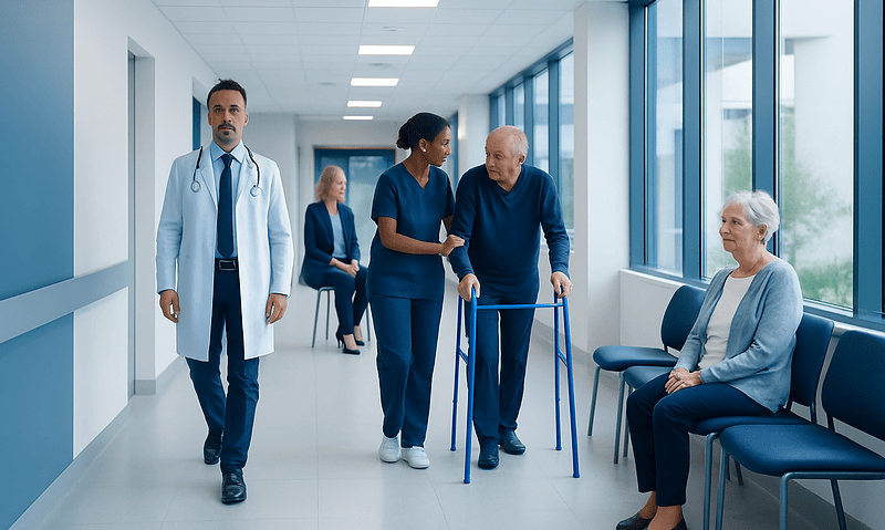Medical staff assisting elderly patient in hospital corridor.