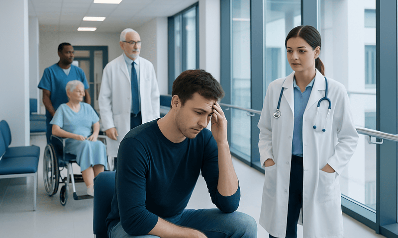 Young man in hospital waiting area with medical staff and elderly patient.