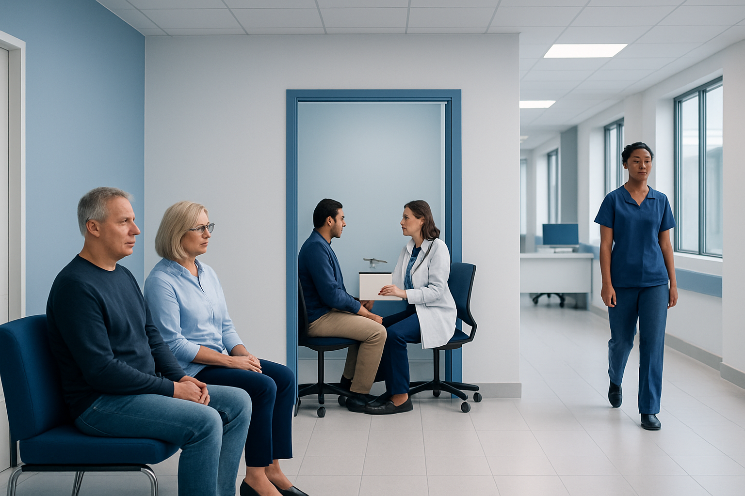 Patients waiting and consulting with a neurologist in a modern hospital.