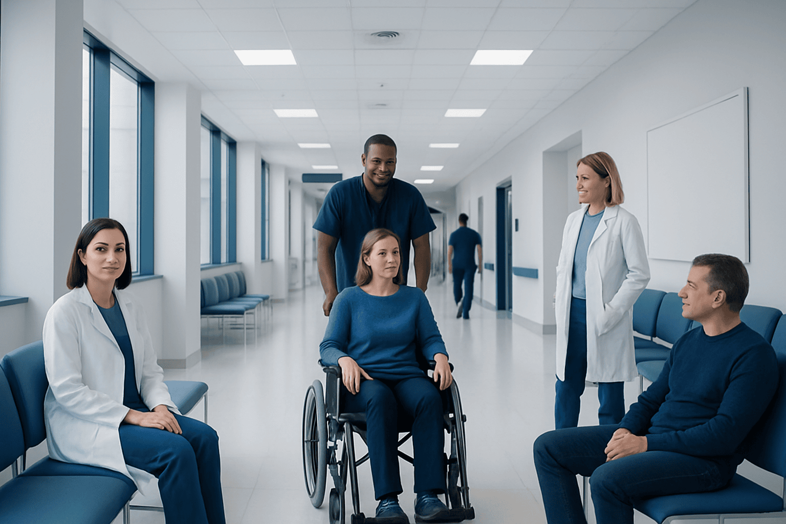 Medical team with patient in wheelchair in hospital corridor.
