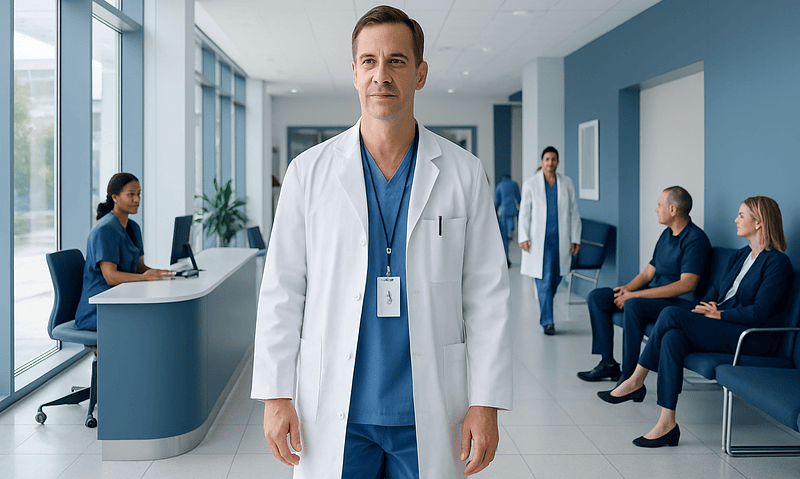Interventional neuroradiologist in hospital corridor with patients and staff.