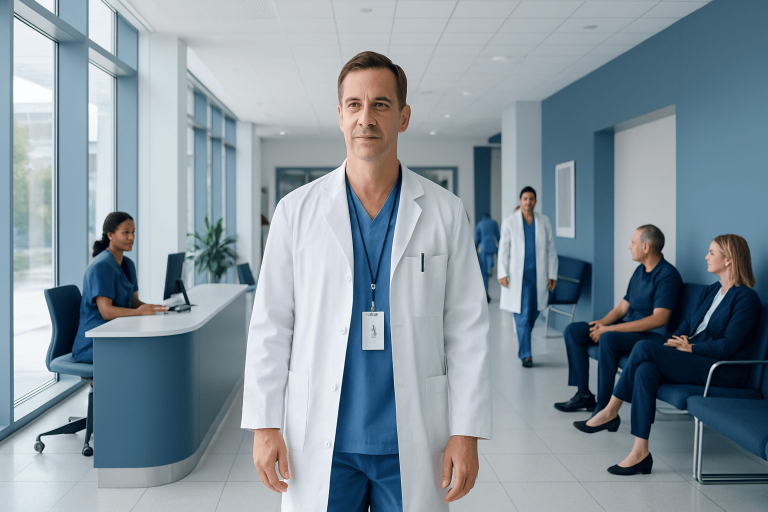 Interventional neuroradiologist in hospital corridor with patients and staff.