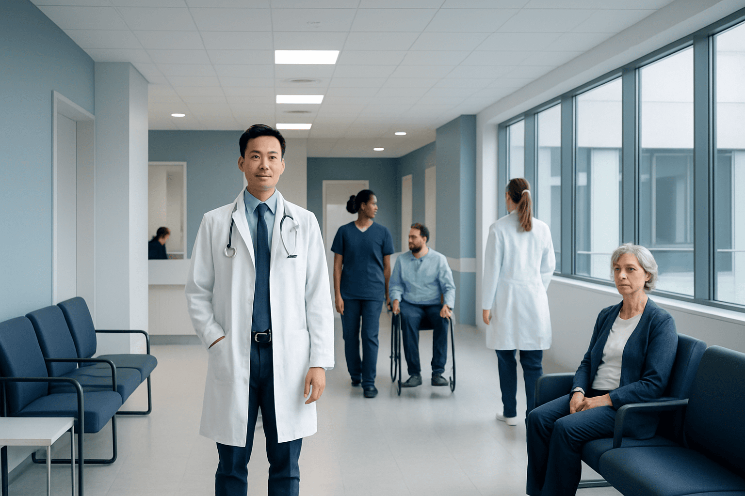 Medical team and patients in a hospital corridor at Acibadem Hospitals Group.